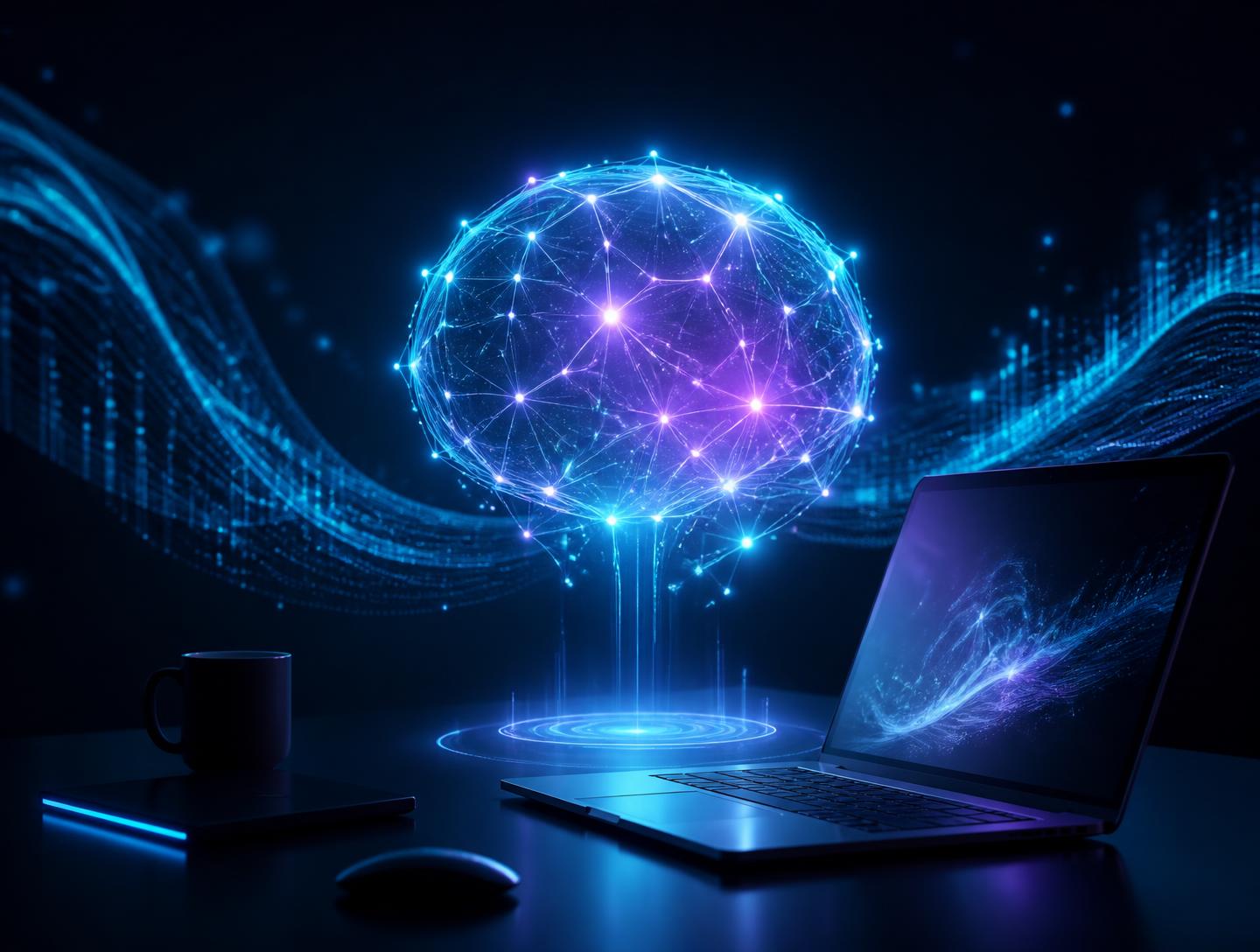Ilustração de inteligência artificial conectada a um notebook, representando produtividade